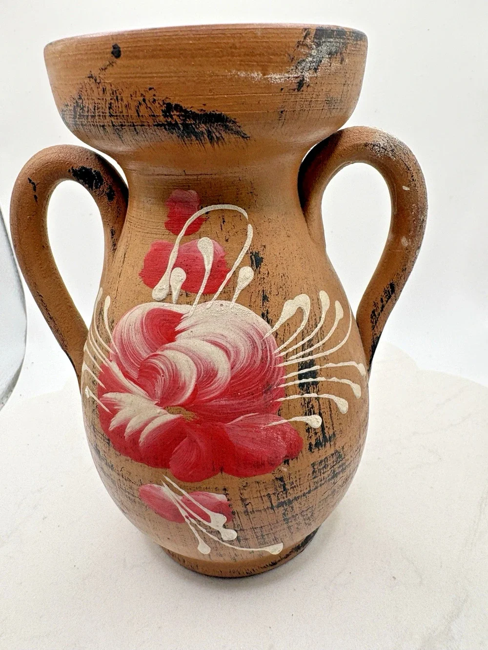 Vintage Double Handled Vase Made In Italy Clay Handmade Handpainted Rose Flower